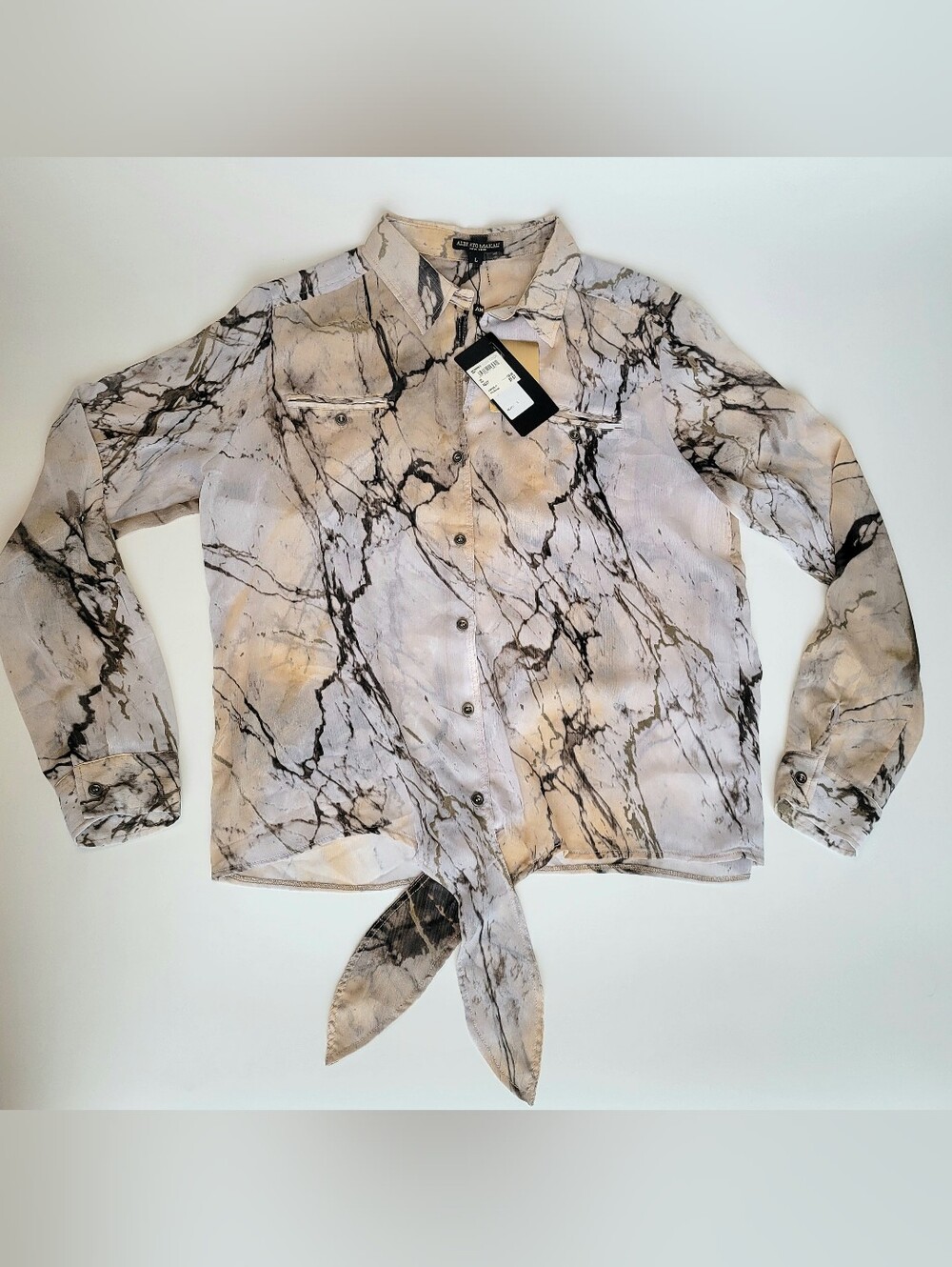 Alberto Makali Sheer Blouse Womens Size L Brown Marble Print NWT